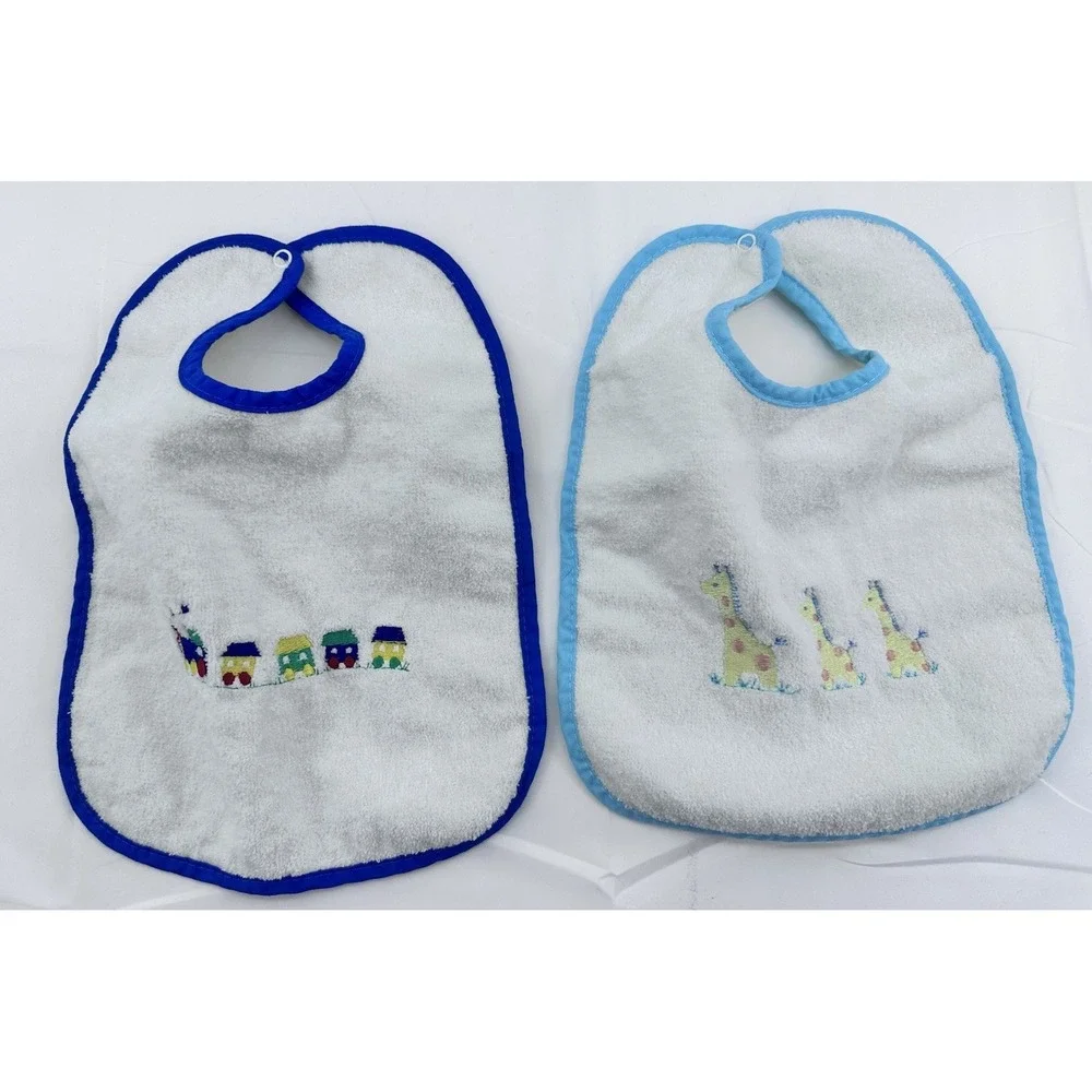 Baby Boy Girl Vintage Alexis Tran Little Giraffe‎ Stitch Snap Bibs Set Of 2 USA